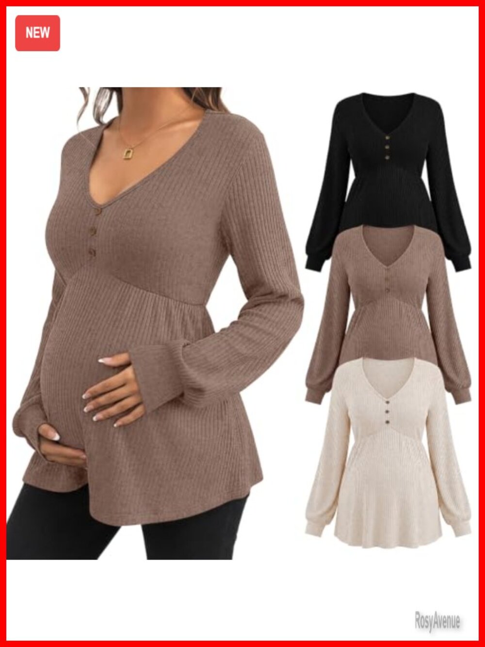 Maternity Long Sleeve Ribbed V Neck Tunic Tops 3 Pack Pregnancy Shirts